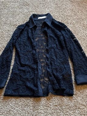 Anne Fontaine Navy Floral Lace Button-Up Blouse